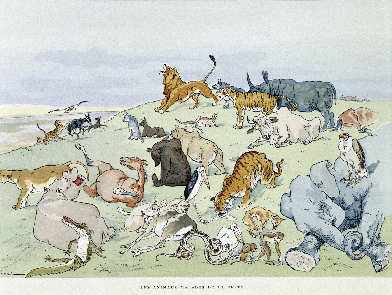 Dyr syke med pest "" Les Fables de la Fontaine"", ill. av Auguste Vimar (1851-1916), Tours, hos A, Mame & Son av Auguste Vimar