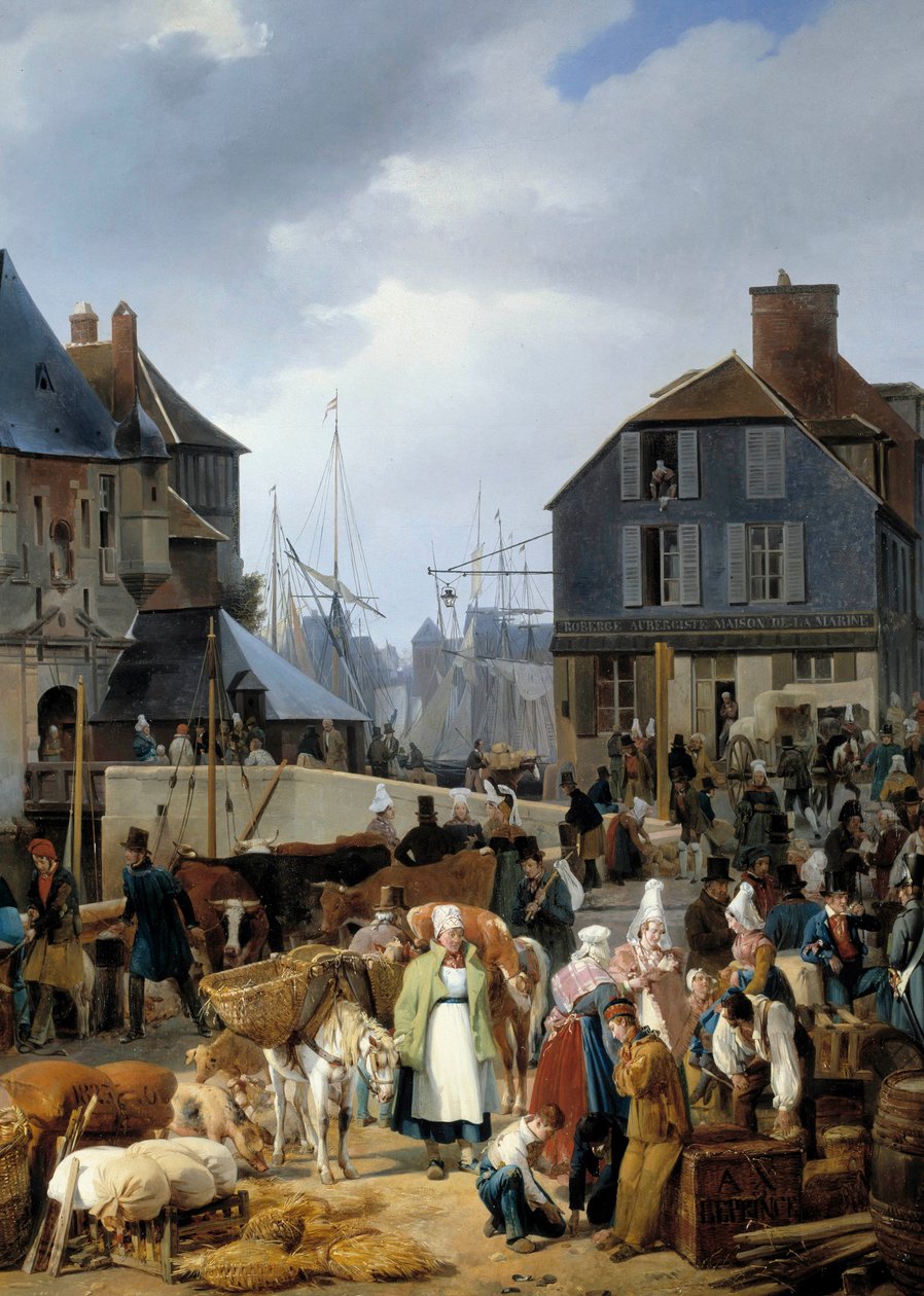 Gå ombord på storfe på passasjeren"" i havnen i Honfleur"" Detalj av et maleri av Auguste-Xavier Leprince (1799-1826) av Auguste Xavier Leprince