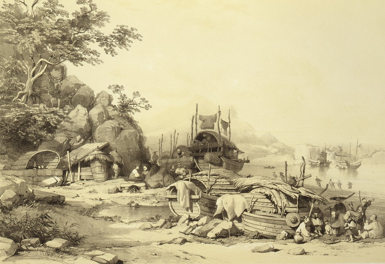 House Boats on the Bay of Cowloon, plate 6 fra Sketches of China, gravert av Eugene Ciceri (1813-90) 1842 (tonet litho) av Auguste after Borget