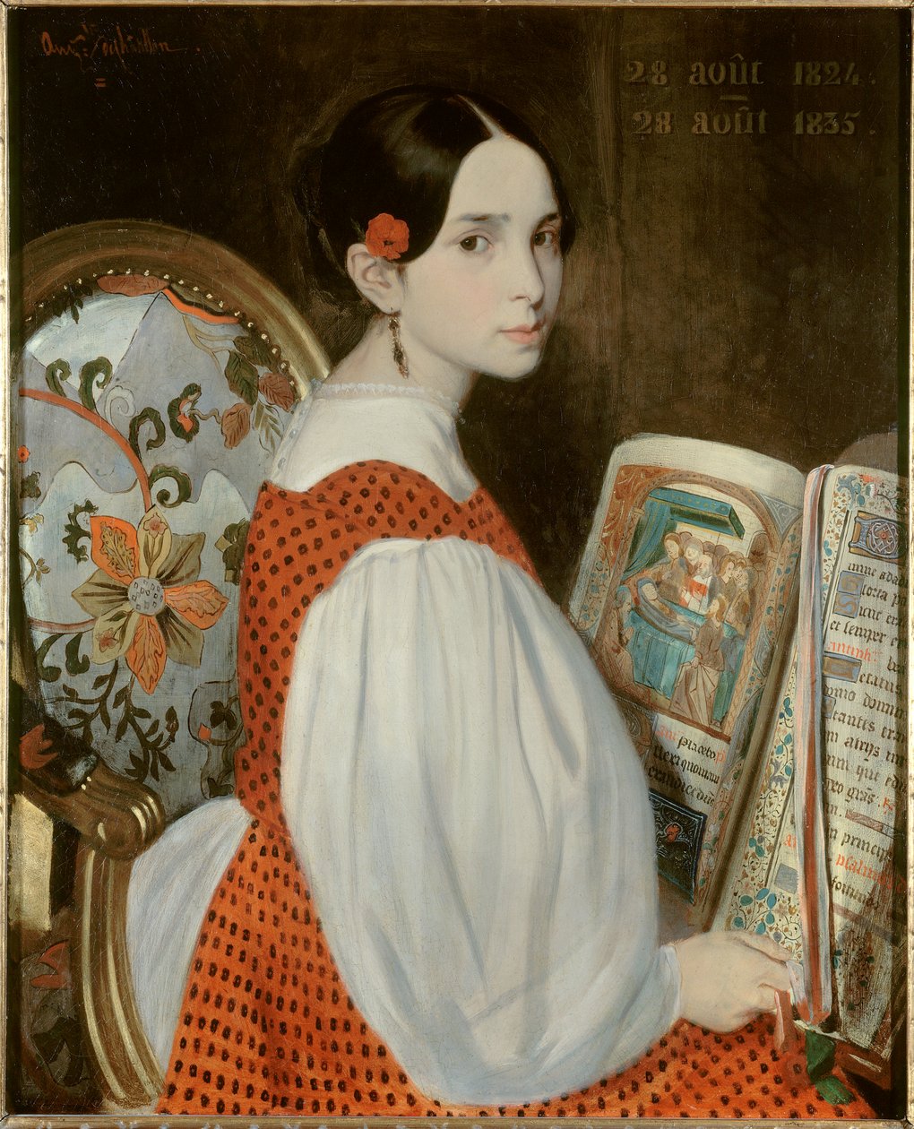 Portrett av Leopoldine Hugo (1824-1843) i Heures bok 28.08.1835 Portrett av Victor Hugos datter på dagen for hans første nattverd. Maleri av Augustus de Chatillon (1813-1881) 1835 Søn. 0,73x0,6 m. Paris, Maison Victor Hugo av Auguste de Chatillon