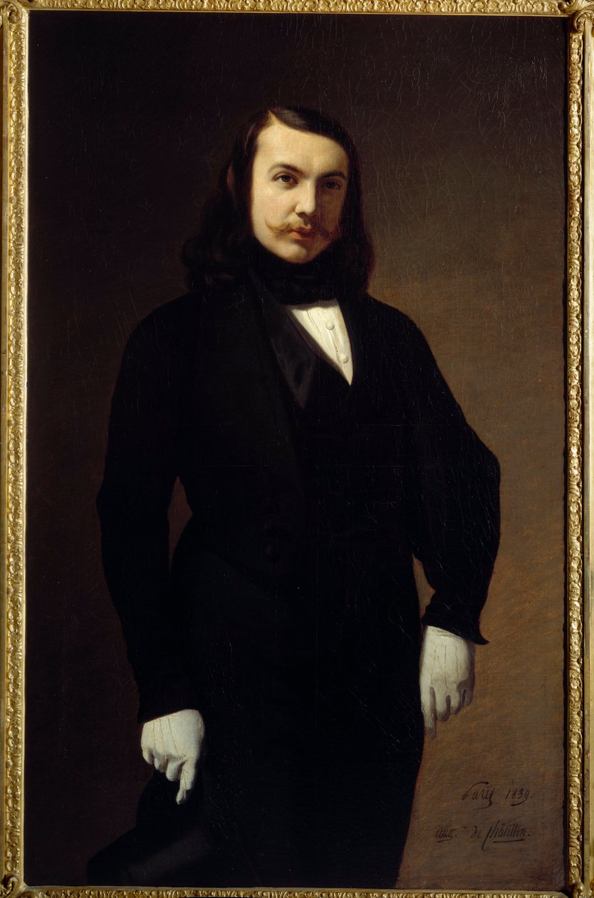 Portrett av Theophile Gautier (1811–1872) poetromanforfatter og kritiker Painting of Auguste de Chatillon (1813–1881) 1839 Søn. 1,3x0,84 m Paris, musee Carnavalet - Portrett av Theophile Gautier (1811-1872), poet, romanforfatter og litteraturkritiker. Male av Auguste de Chatillon