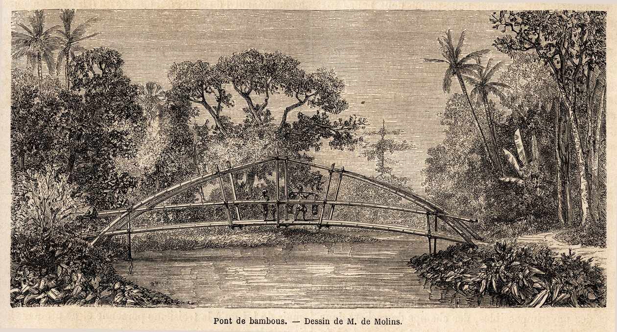 En bambusbro, i jungelen, nær Salak-fjellet. Tegning av M. de Molins, for å illustrere hans reise til Java av Auguste de Molins
