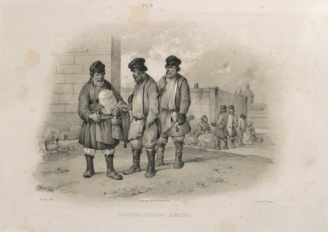 Byggere som drikker Sbiten Fra: The Construction of the Saint Isaacs Cathedral, 1845 av Auguste de Montferrand