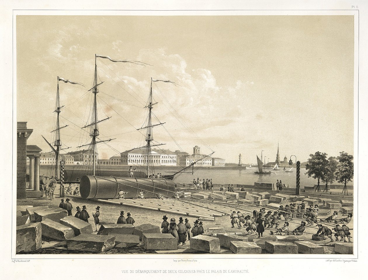 Lossing av to kolonner ved Admiralitetet Fra: The Construction of the Saint Isaacs Cathedral, 1845 av Auguste de Montferrand