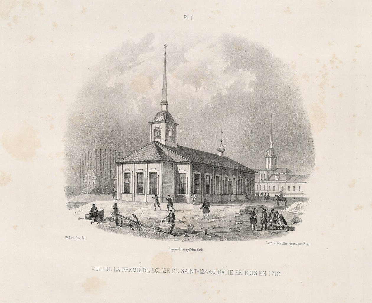 Vief av den første første St. Isaacs-kirken i 1710 Fra: The Construction of the Saint Isaacs Cathedral, 1845 av Auguste de Montferrand