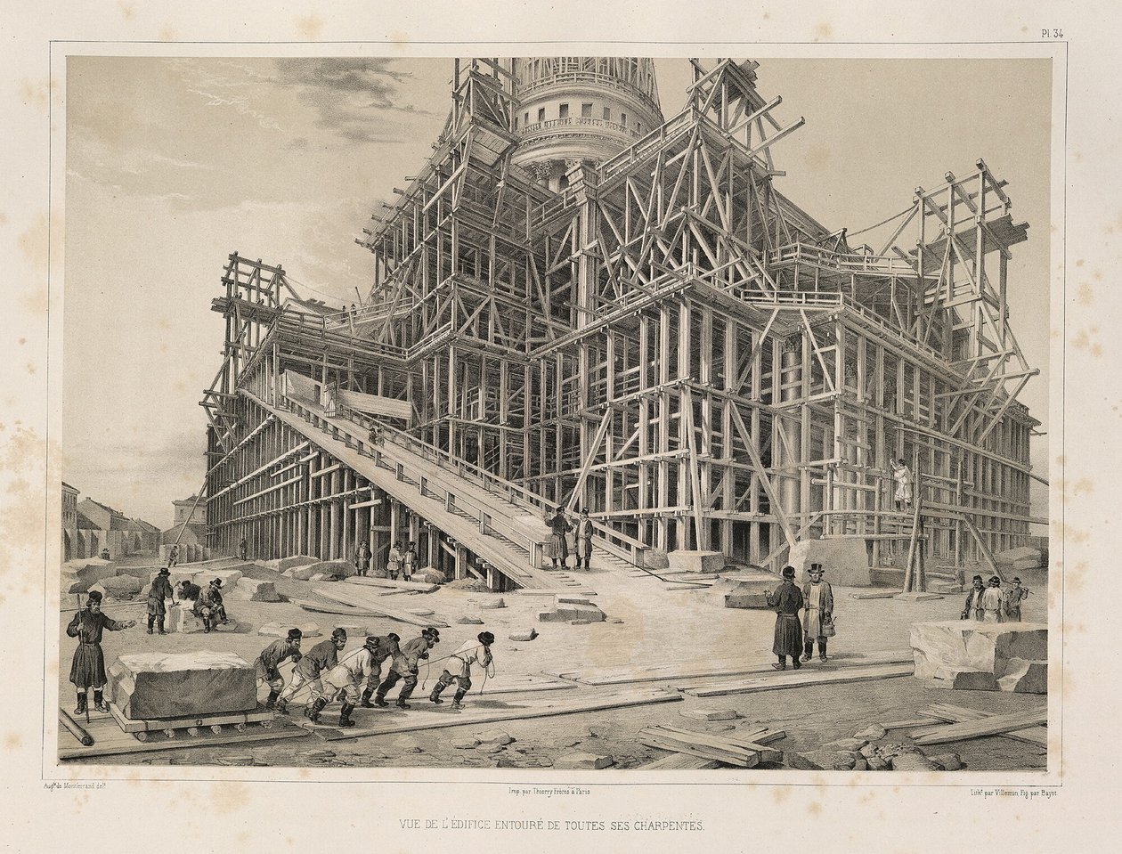 Utsikt over katedralen omgitt av trestillaser Fra: The Construction of the Saint Isaacs Cathedral, 1845 av Auguste de Montferrand