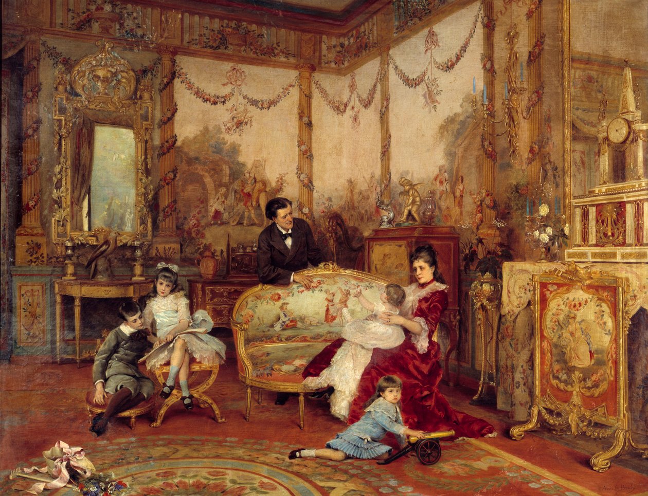 Viktorianske Sardou (1831 - 1908), dramatiker og hans barn. Utsikt fra innsiden av en stue med ild foran peisen. Maleri av Auguste La Brely (1838-1906) av Auguste de la Brely