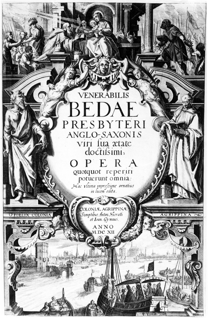 Tittelside for ærverdige Bede of Anglo-Saxon Priests, trykk laget av Peter Isselburg, utgitt i Köln, 1612 (gravering og boktrykk) av Augustin Braun