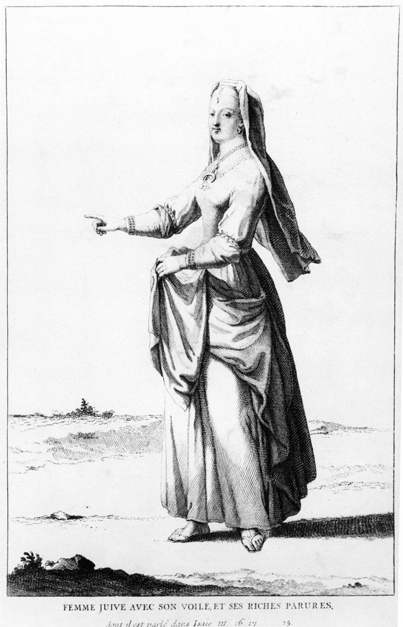 Fransk jødisk kvinne med sitt slør og sine rike ornamenter, illustrasjon fra Dictionnaire Historique de la Bible, 1722 av Augustin Calmet