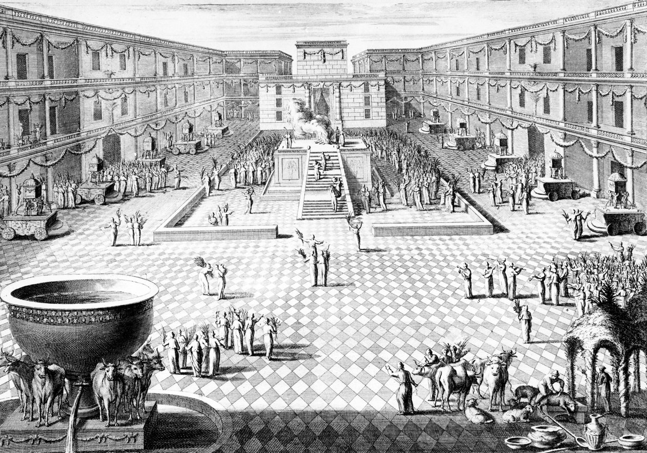 Rekonstruksjon av vedtakelsen av seremonier i Salomos tempel under den siste dagen (Hoshannah Raba) av den jødiske festivalen Sukkot, illustrasjon fra Dictionnaire Historique de la Bible, 1722 (no av Augustin Calmet