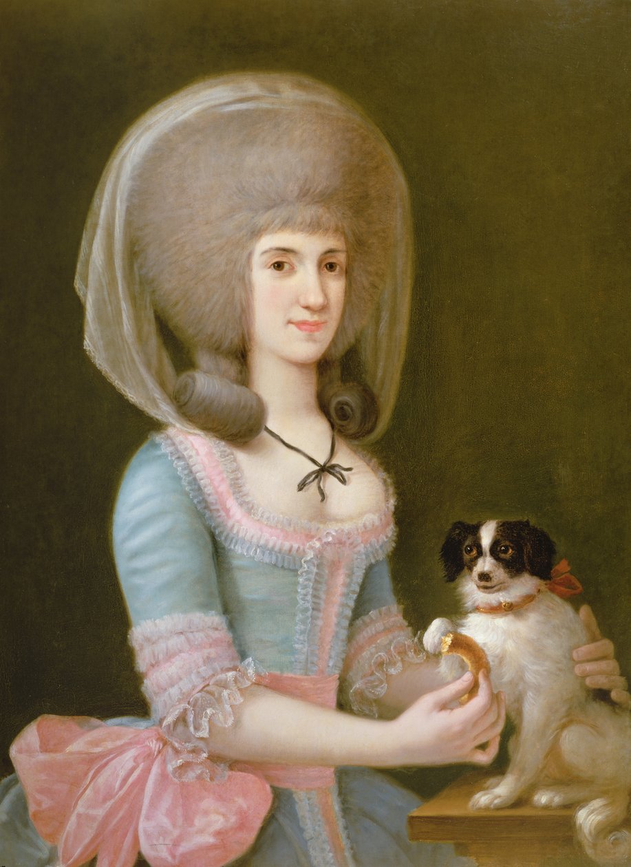 Portrett av Dona Maria Teresa Apodaca de Sisma som gir en godbit til hunden sin av Augustin Esteve