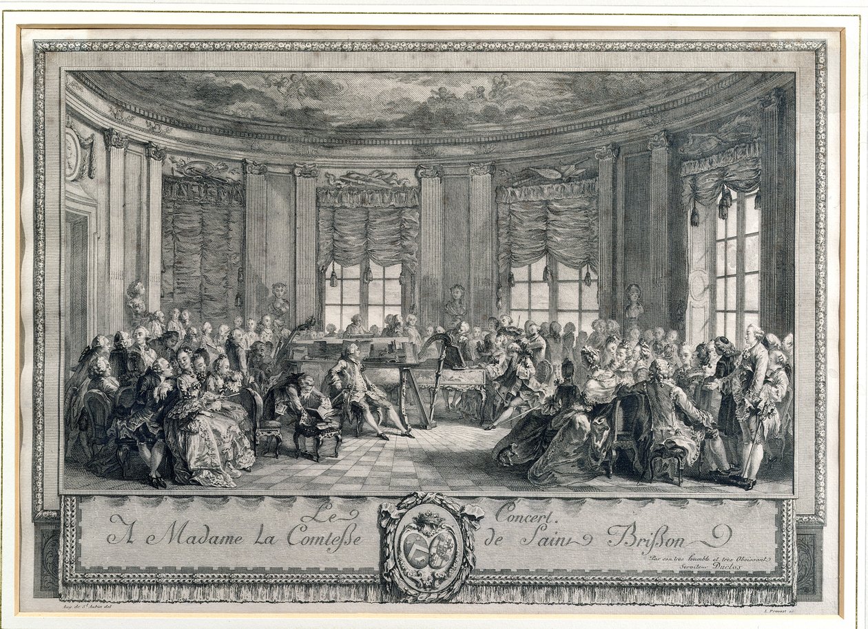 Konserten i huset til grevinnen av Saint Brisson, gravert av L. Provost av Augustin de Saint Aubin