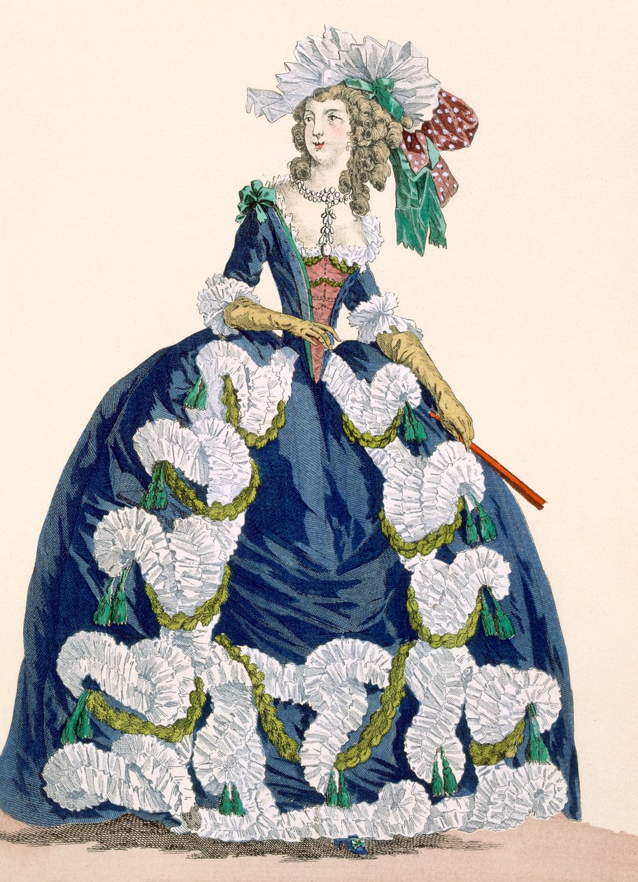 Forseggjort kongelig hoffkjole i marineblått med frodig hvit frilldesign, gravert av Dupin, plate nr. 277 fra 