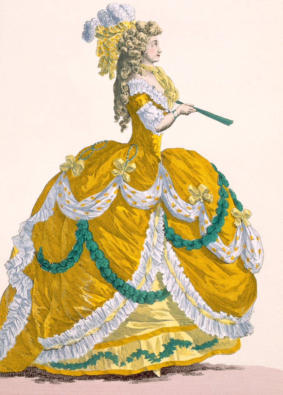 Dame hoffkjole i gul silke med hvit og grønn rynkekant, gravert av Dupin, plate nr.274 fra 