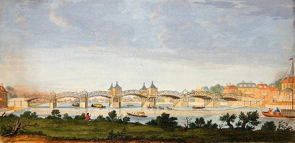 Perspektiv utsikt over Hampton Court Bridge som krysser Themsen, gravert av Charles Grignion (1717-1810) ca. 1754 (farget gravering) av Augustin (after) Heckel