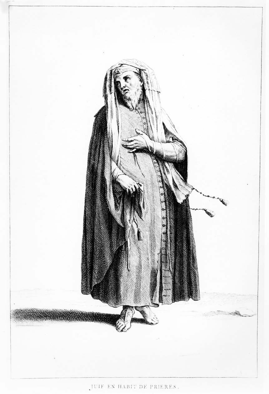En fransk jødisk mann kledd for bønn, illustrasjon fra Dictionnaire Historique de la Bible, 1722 av Augustin Calmet