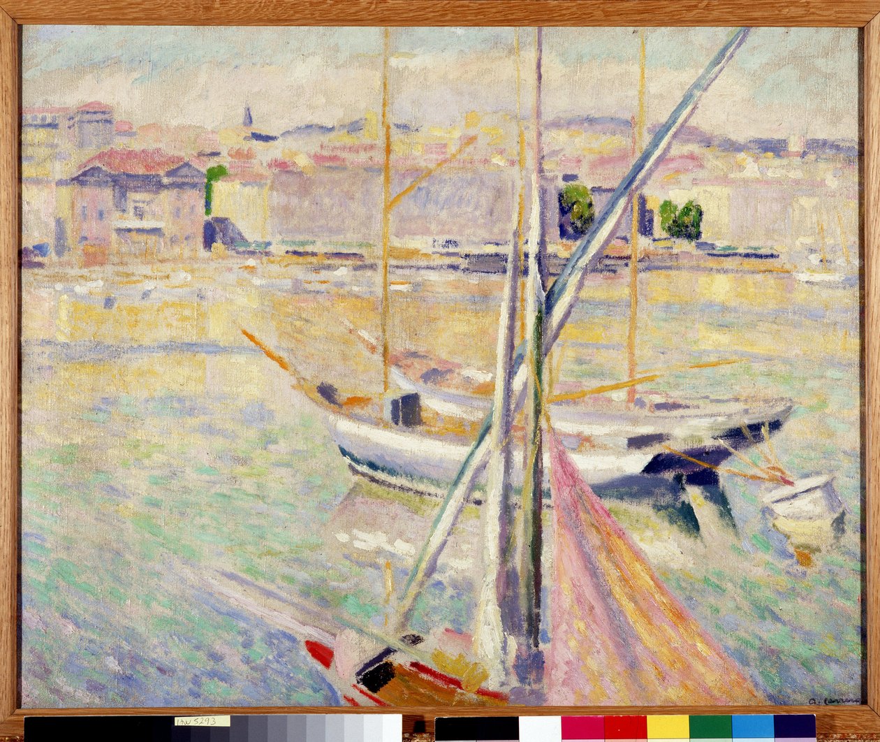 Seilbåter i den gamle havnen i Marseille (olje på lerret) av Augustin Carrera