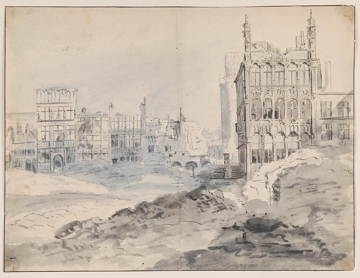 Det nordvestlige hjørnet av la Grand-Place, Brussel etter bombardementet i 1695 av Augustin Coppens