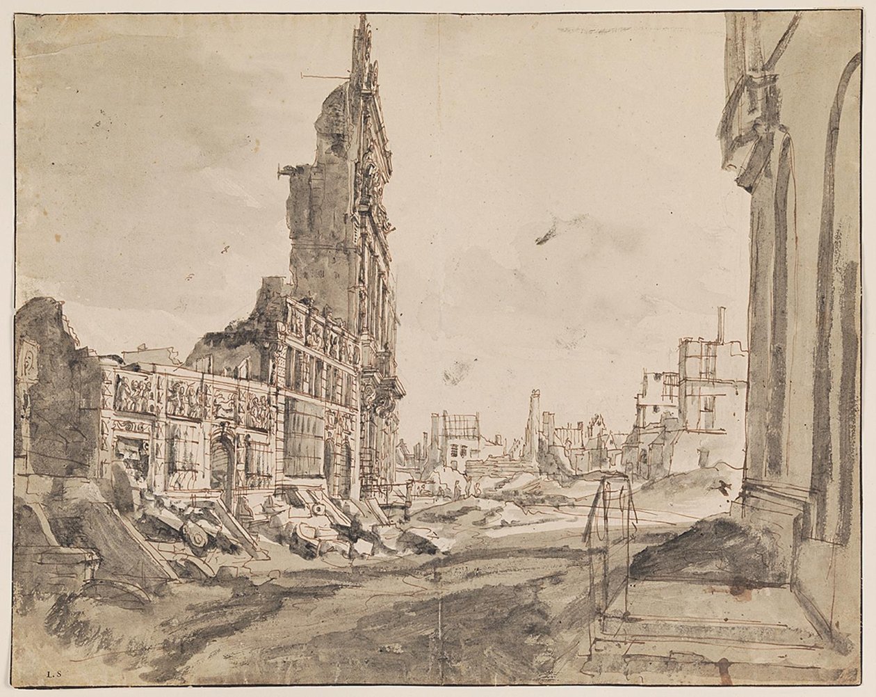 Utsikt over de nordøstlige og nordvestlige hjørnene av Grand Place etter bombardementet i 1695 av Augustin Coppens