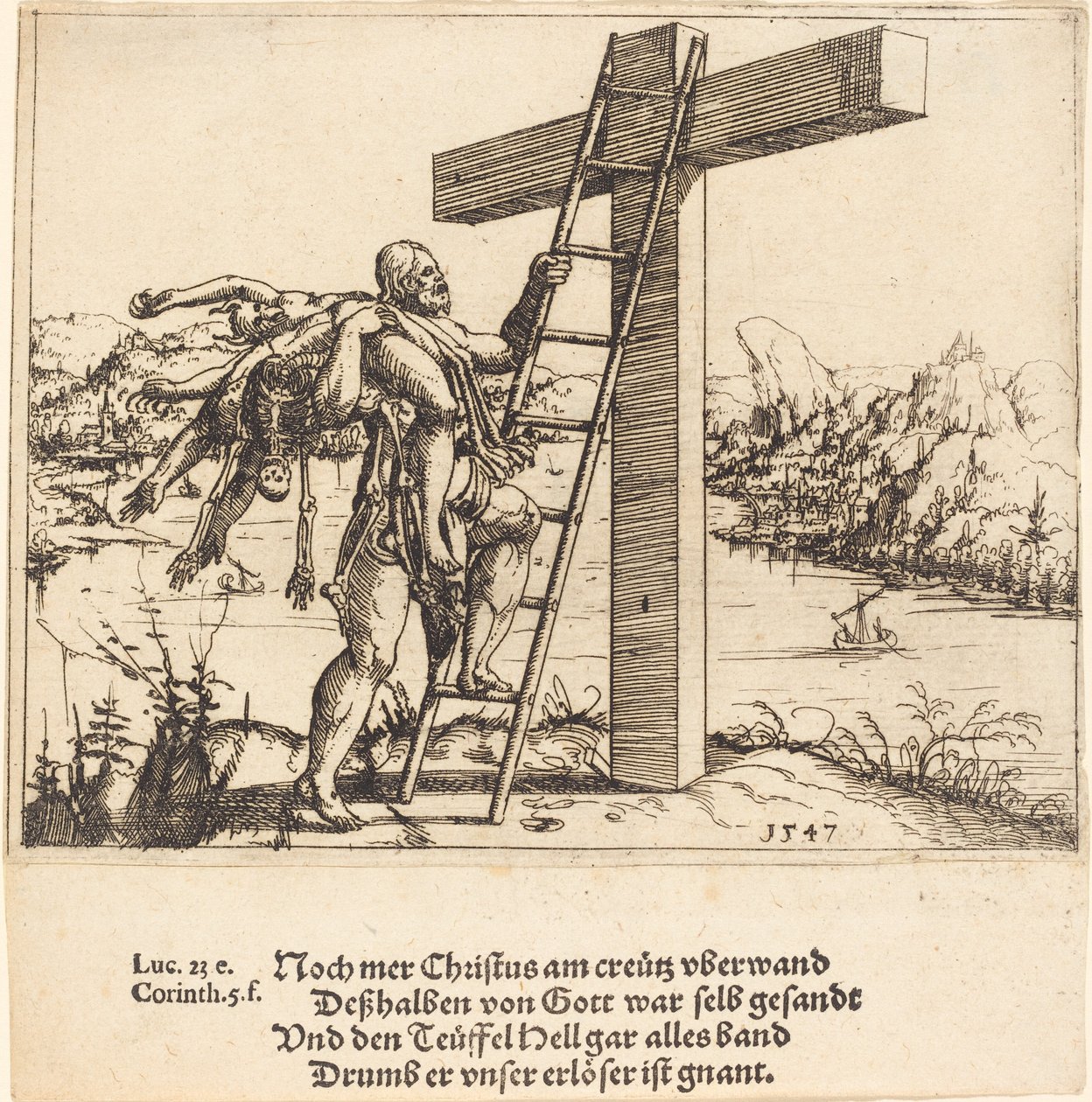 Kristus stiger opp på korset med synd, død og djevelen, 1547. av Augustin Hirschvogel
