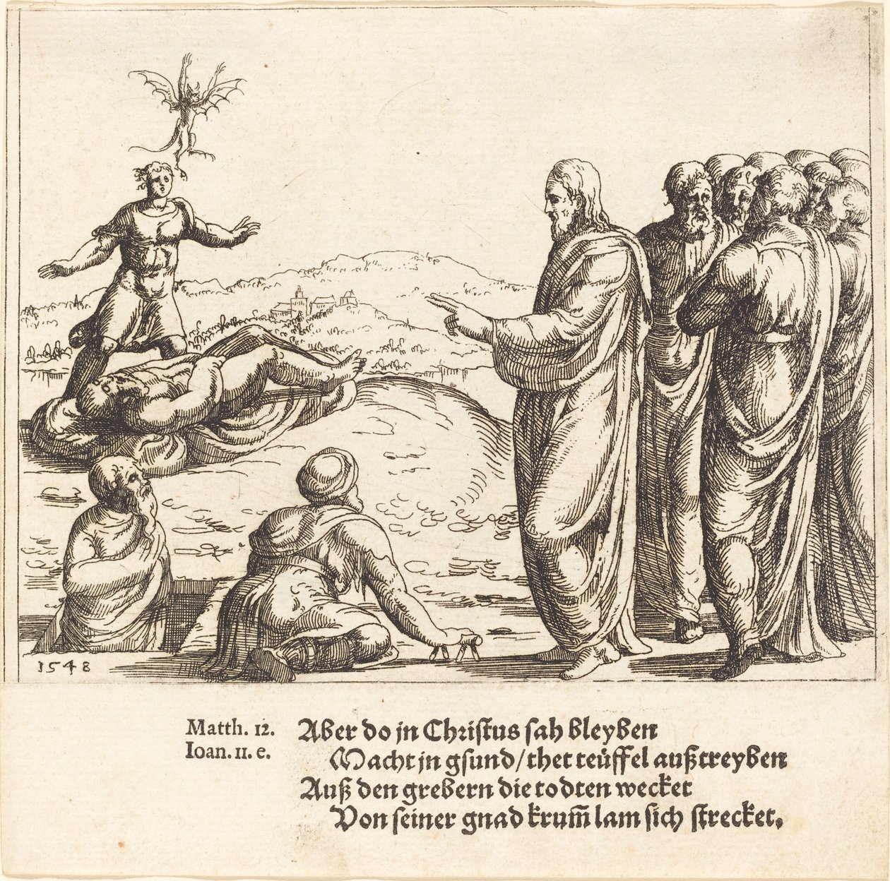Kristus helbreder en blind og stum demoniker, 1548. av Augustin Hirschvogel