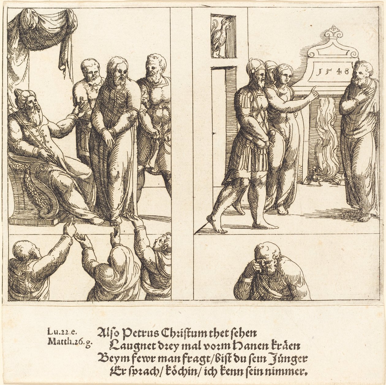 Kristus før Kaifas, og Peter fornekter Kristus, 1548. av Augustin Hirschvogel