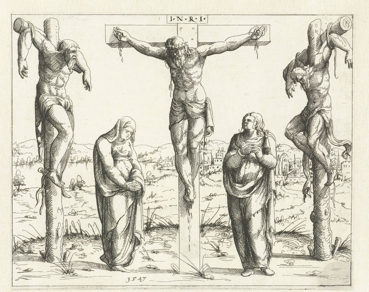 Kristus på korset og Maria og Johannes Korsfestelse Gamle og nye testamente konkordans (serietittel) Concordants alt und news Testaments (serietittel) av Augustin Hirschvogel