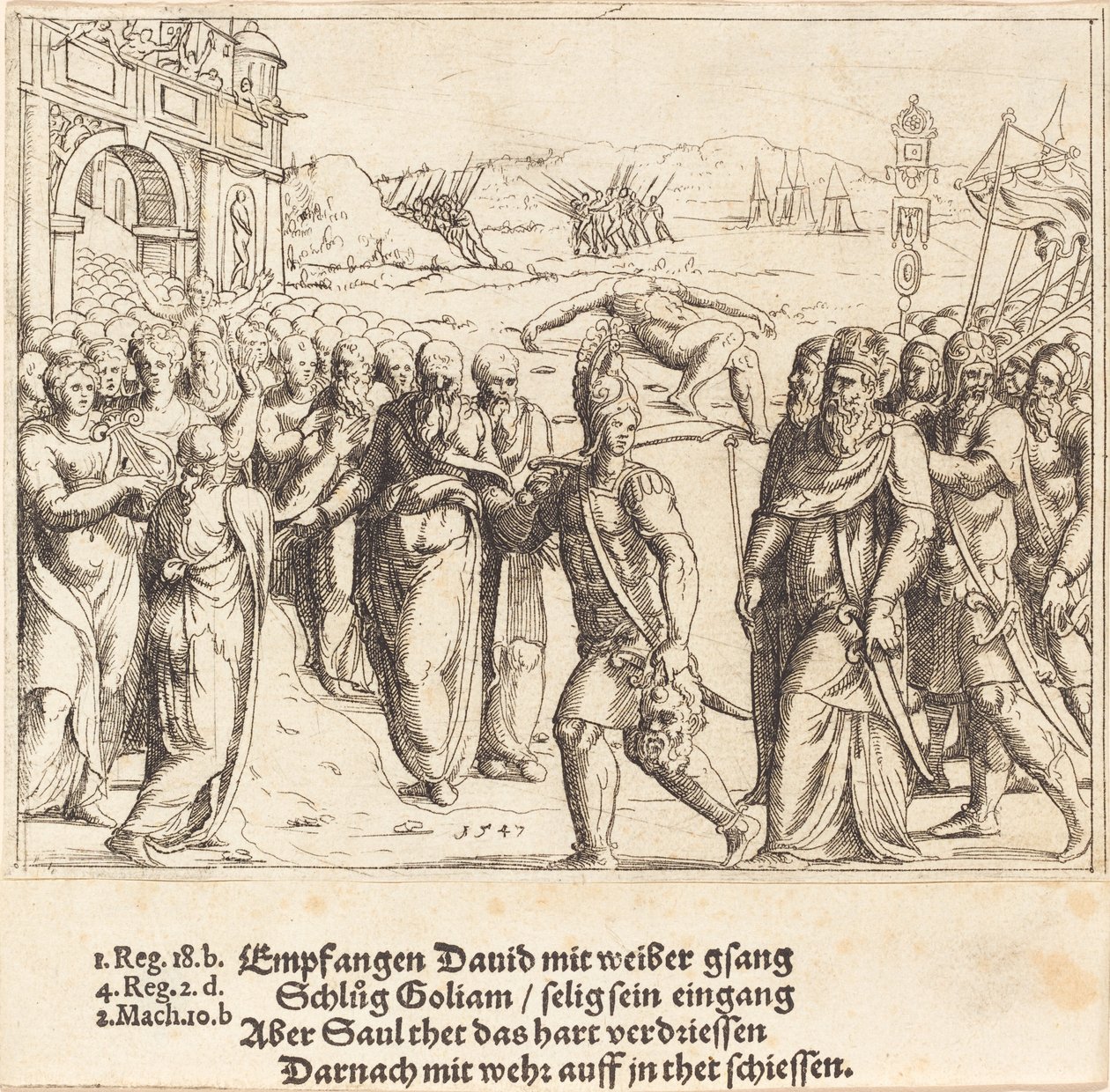 David blir ønsket velkommen etter å ha drept Goliat, og Sauls sjalusi, 1547. av Augustin Hirschvogel