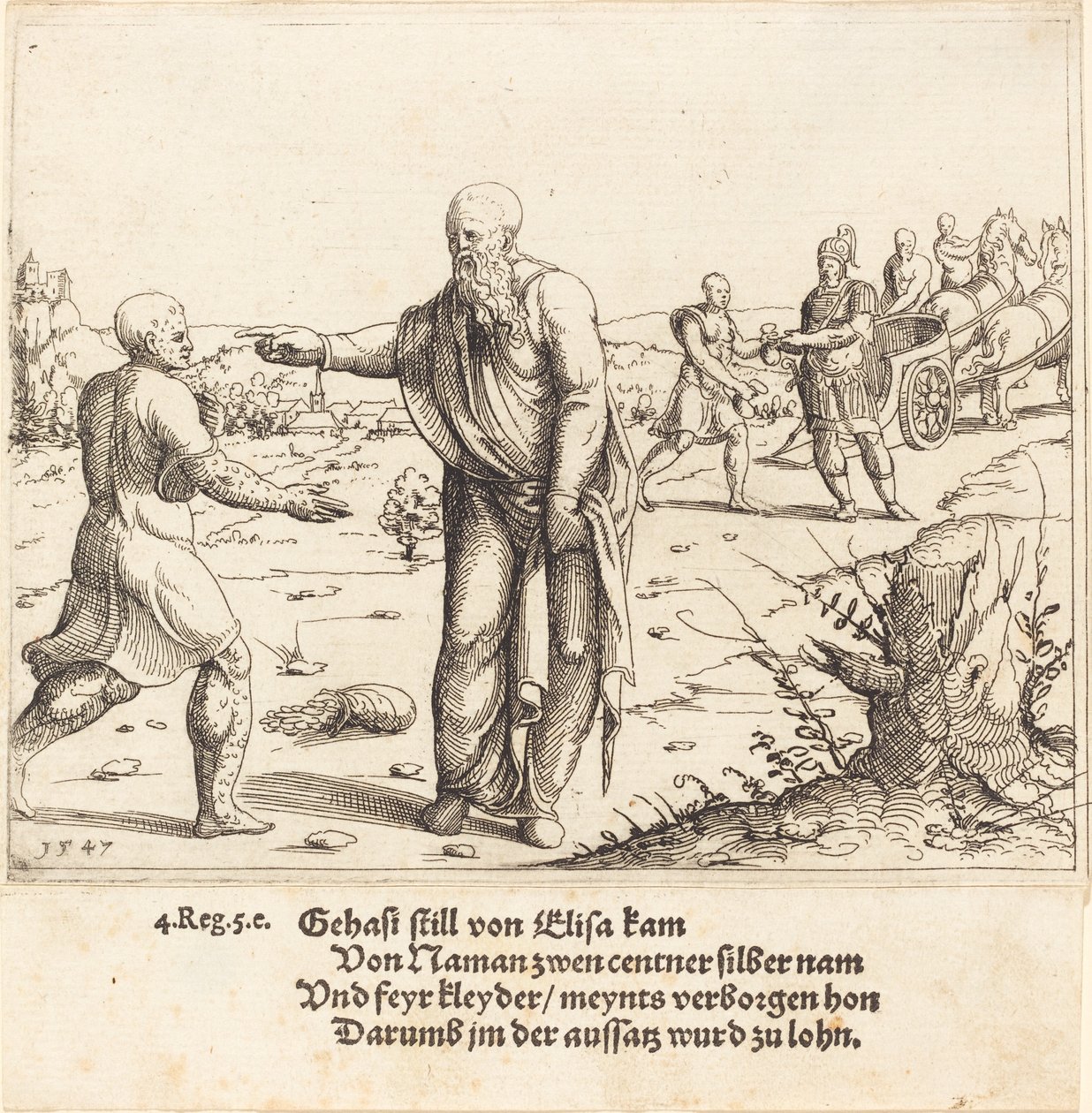 Elisa straffer Gehazi med Naamans spedalskhet, 1547. av Augustin Hirschvogel