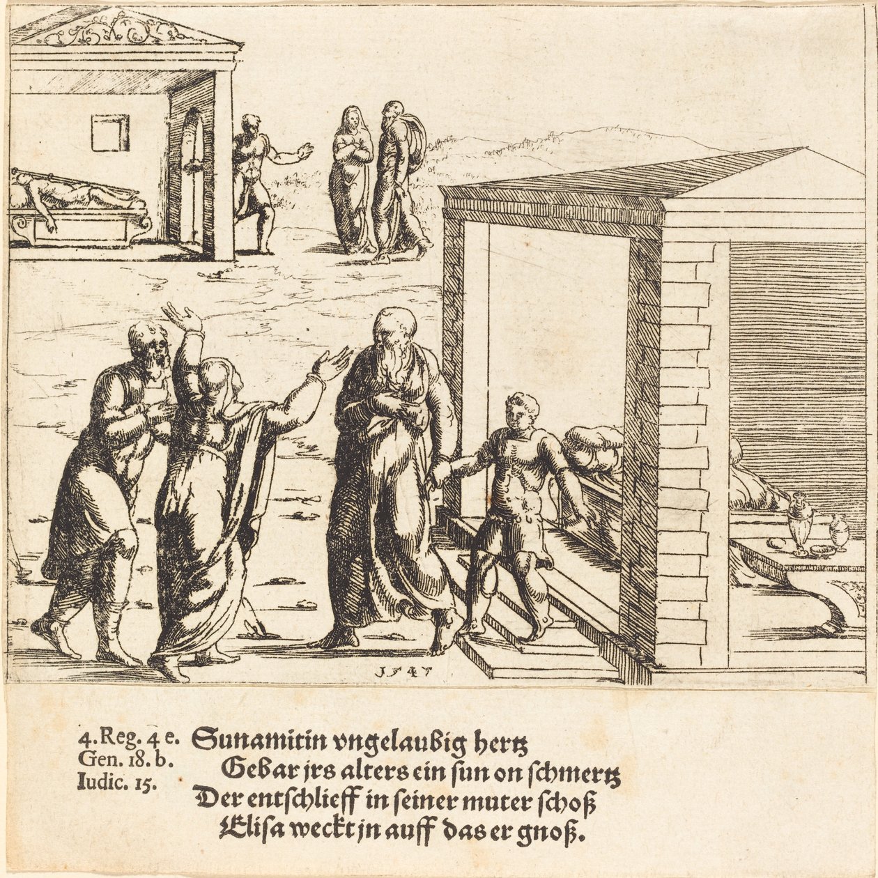 Elisa oppdrar sønnen til sunnimitten, 1547. av Augustin Hirschvogel