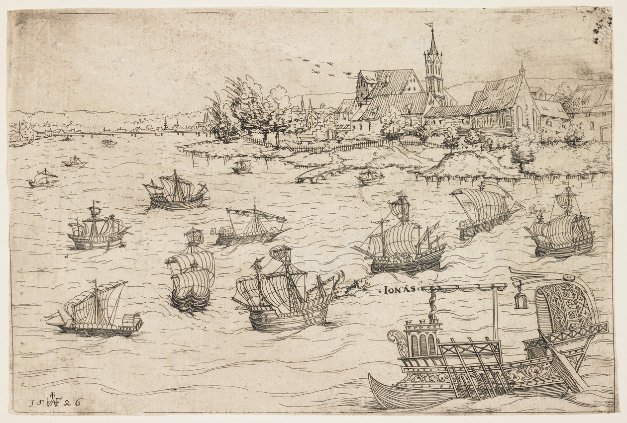 Jonah og hvalen på en innsjø med seilfartøy, 1546 av Augustin Hirschvogel