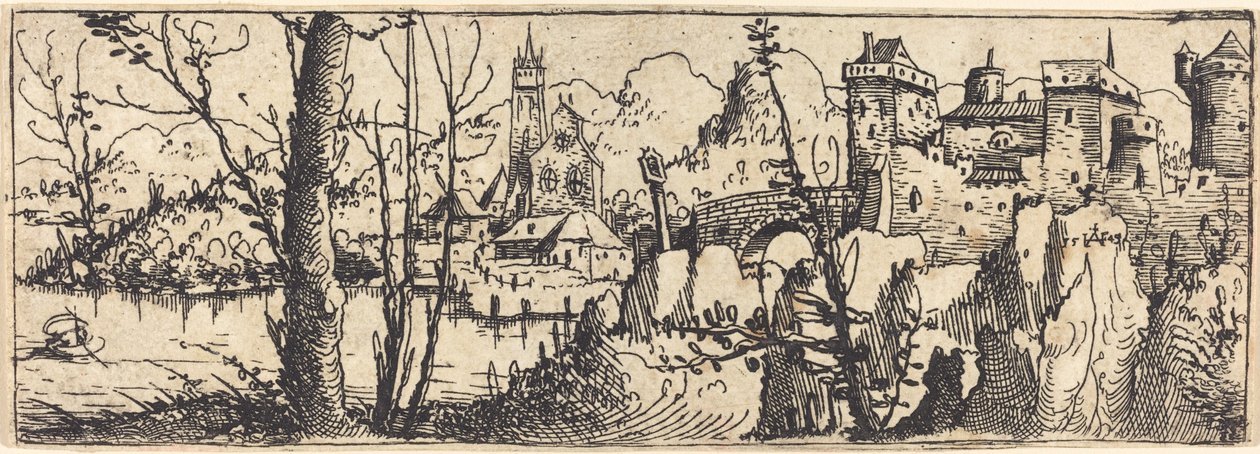 Landskap med slott til høyre, omgitt av steiner, 1546. av Augustin Hirschvogel