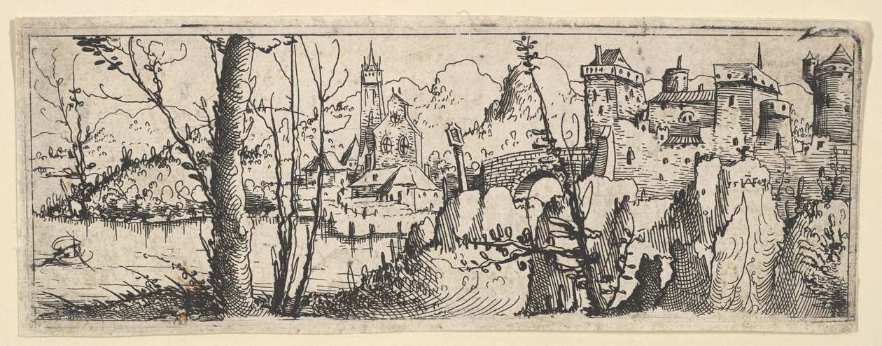 Landskap med fort og en kirke ved en elv, 1545. av Augustin Hirschvogel
