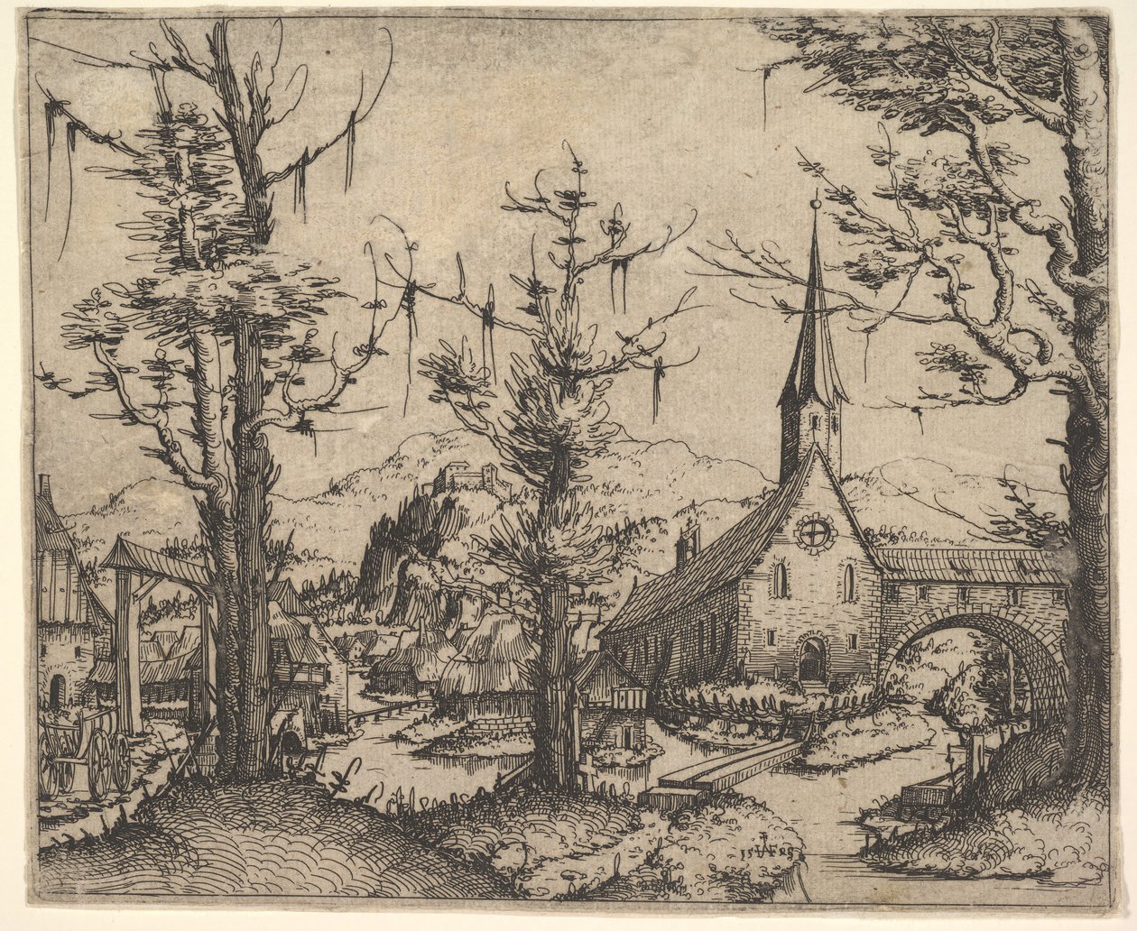 Landskap med fire trær og en kirke til høyre, 1545. av Augustin Hirschvogel