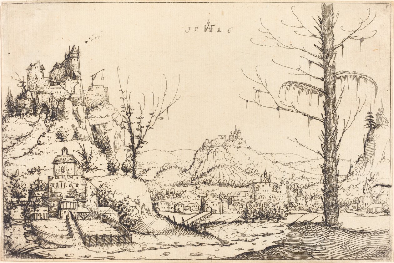 Landskap med høye klipper, elv og by av Augustin Hirschvogel