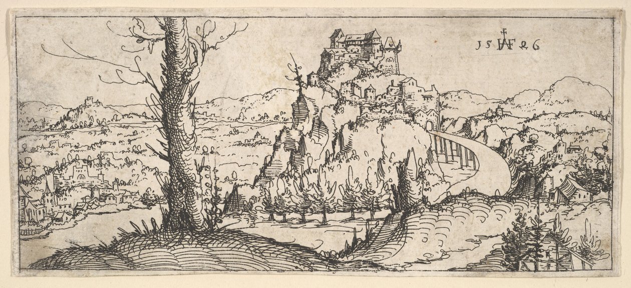 Landskap med høye steiner og festninger, 1546. av Augustin Hirschvogel