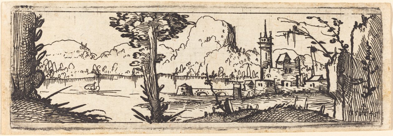 Landskap med innsjø og by av Augustin Hirschvogel