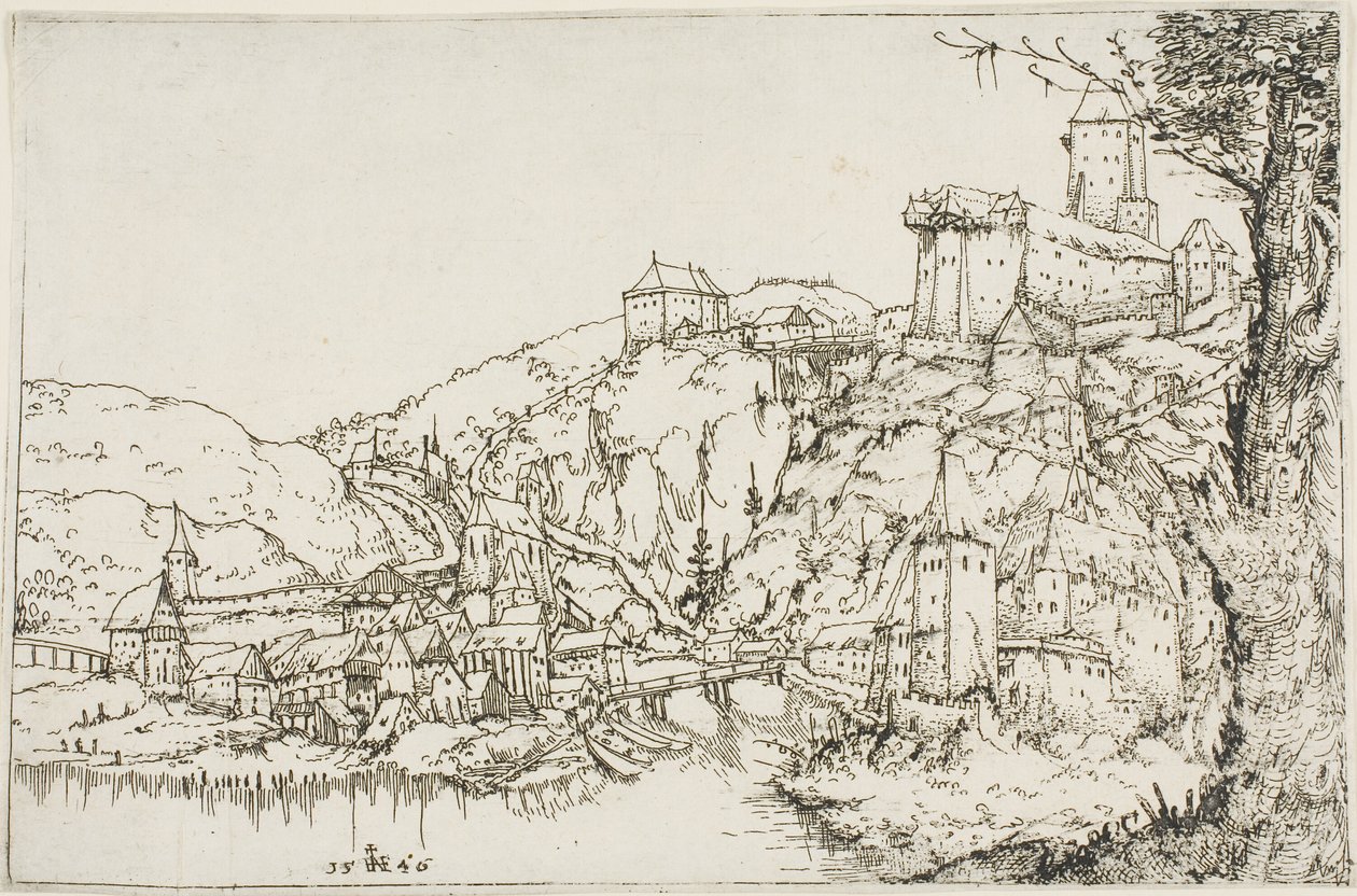 Landskap med elv, by og slott av Augustin Hirschvogel