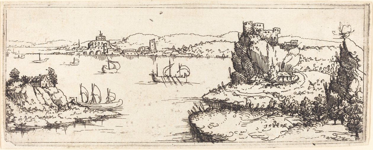 Landskap med seilbåter, 1546. av Augustin Hirschvogel
