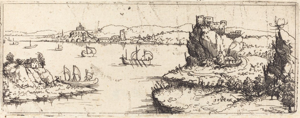 Landskap med seilbåter [bunnplate] av Augustin Hirschvogel
