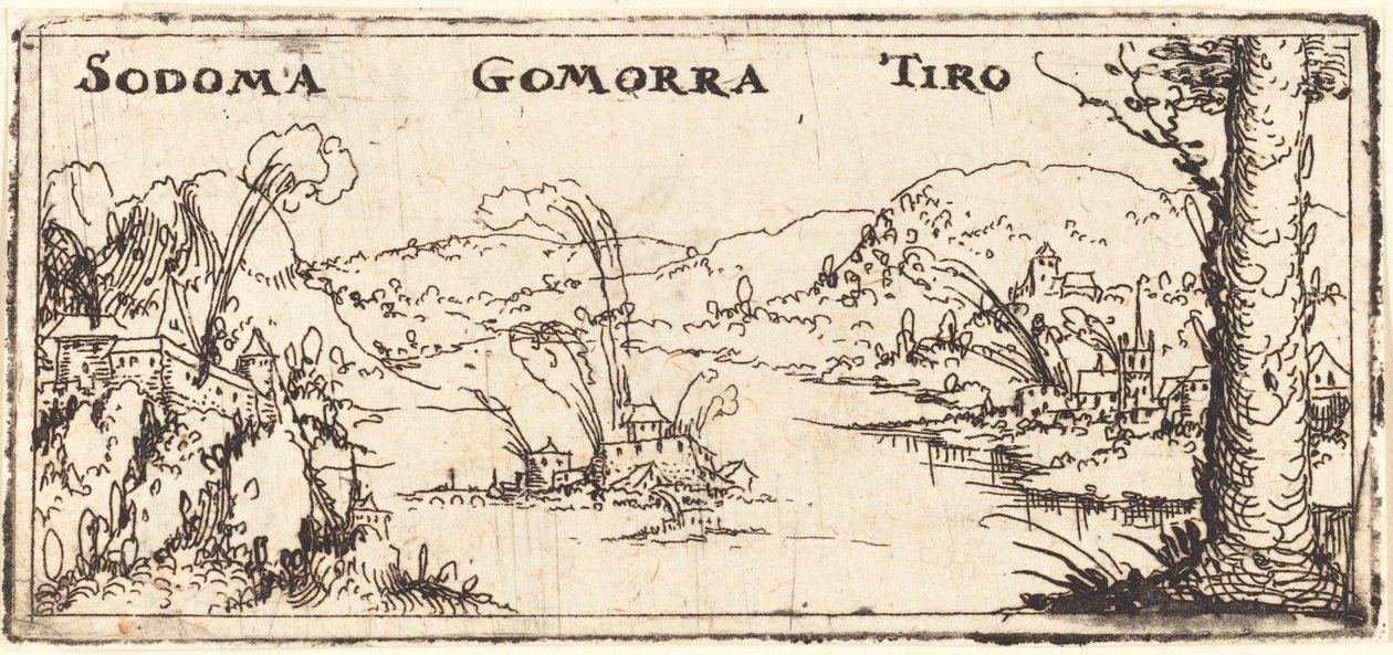Landskap med tre brennende byer: Sodoma, Gomorra og Tyrus. av Augustin Hirschvogel