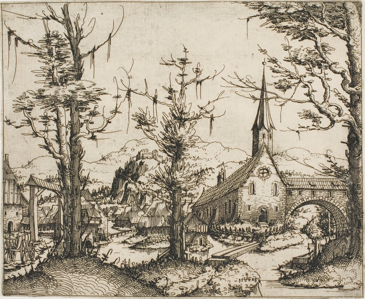 Landskap med kirke og overbygd bro av Augustin Hirschvogel