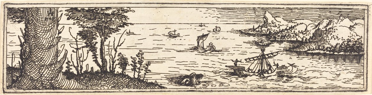 Landskap med innsjø og seilfartøy av Augustin Hirschvogel