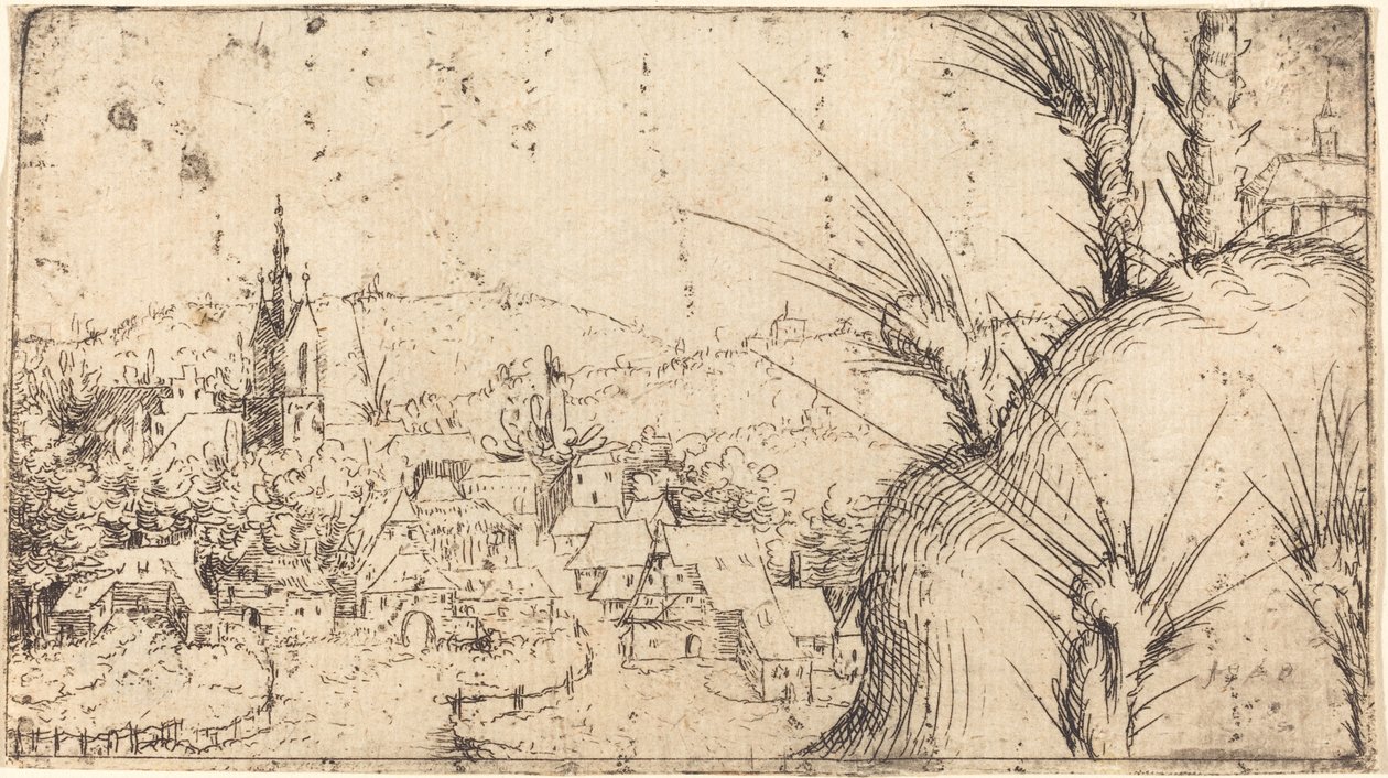Landskap med en by til venstre, 1549. av Augustin Hirschvogel