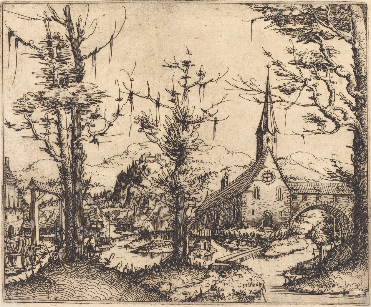 Landskap med en landsbykirke av Augustin Hirschvogel