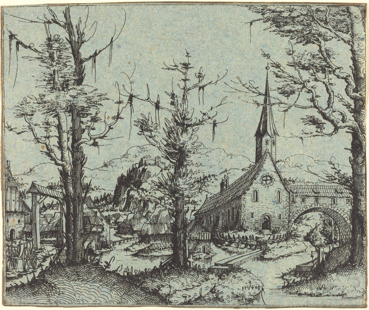 Landskap med en landsbykirke, 1545. av Augustin Hirschvogel