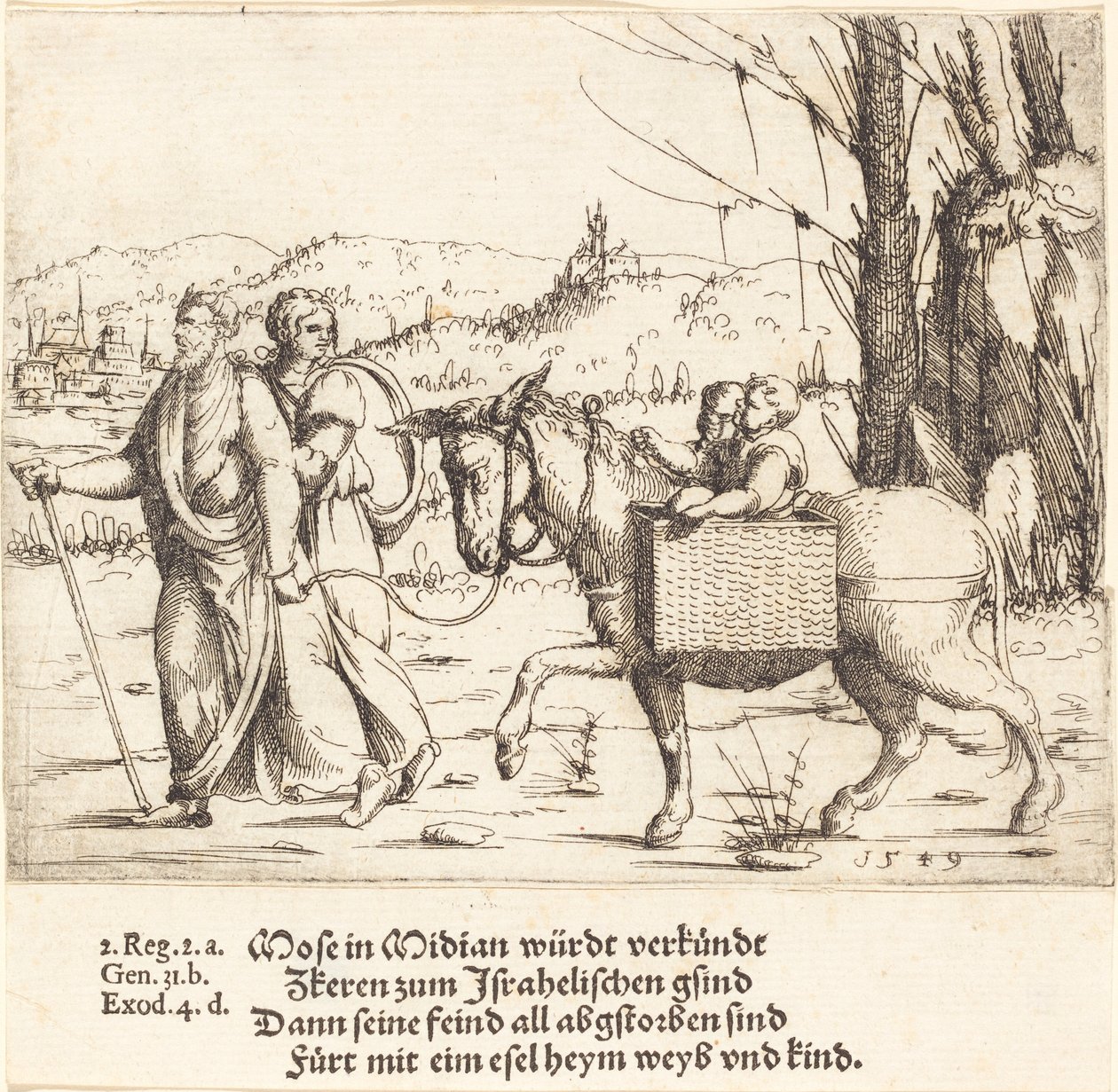 Moses vender tilbake til Egypt fra Midian, 1549. av Augustin Hirschvogel