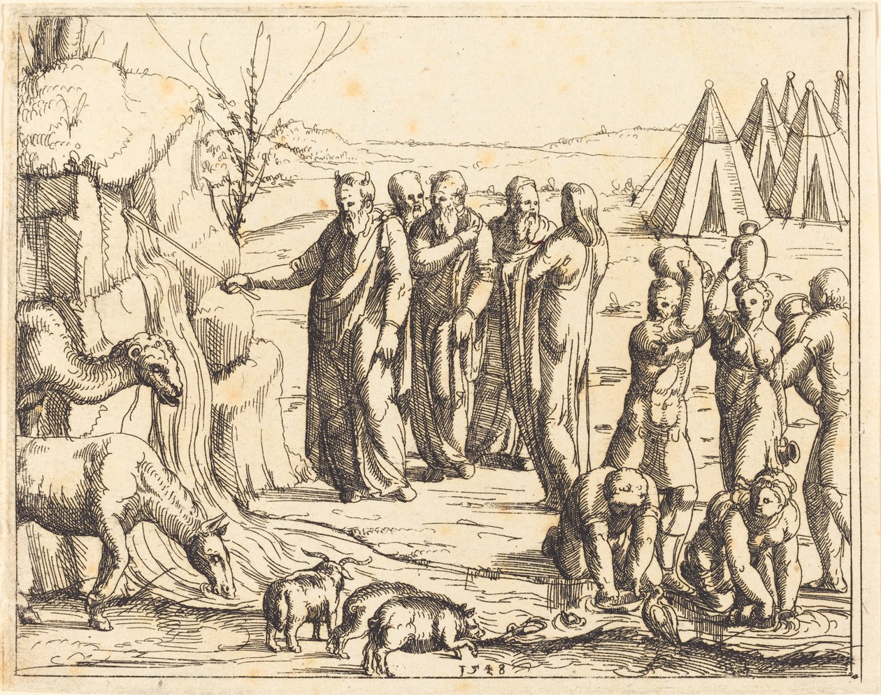 Moses slår klippen av Augustin Hirschvogel