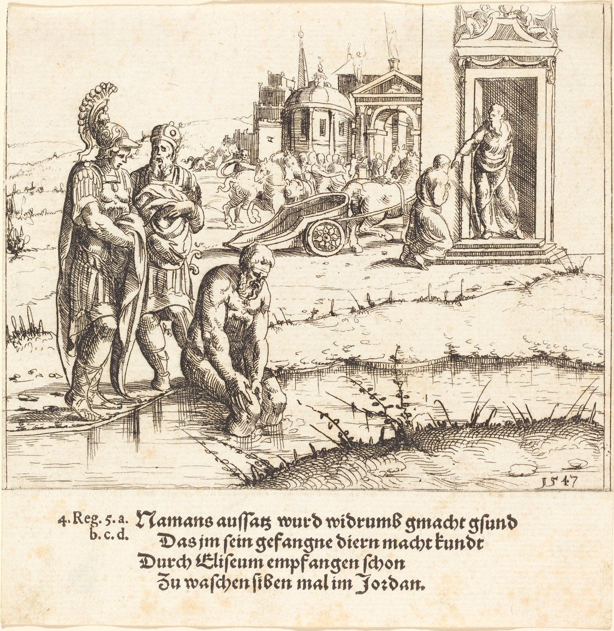 Naaman er helbredet for spedalskhet, 1547. av Augustin Hirschvogel