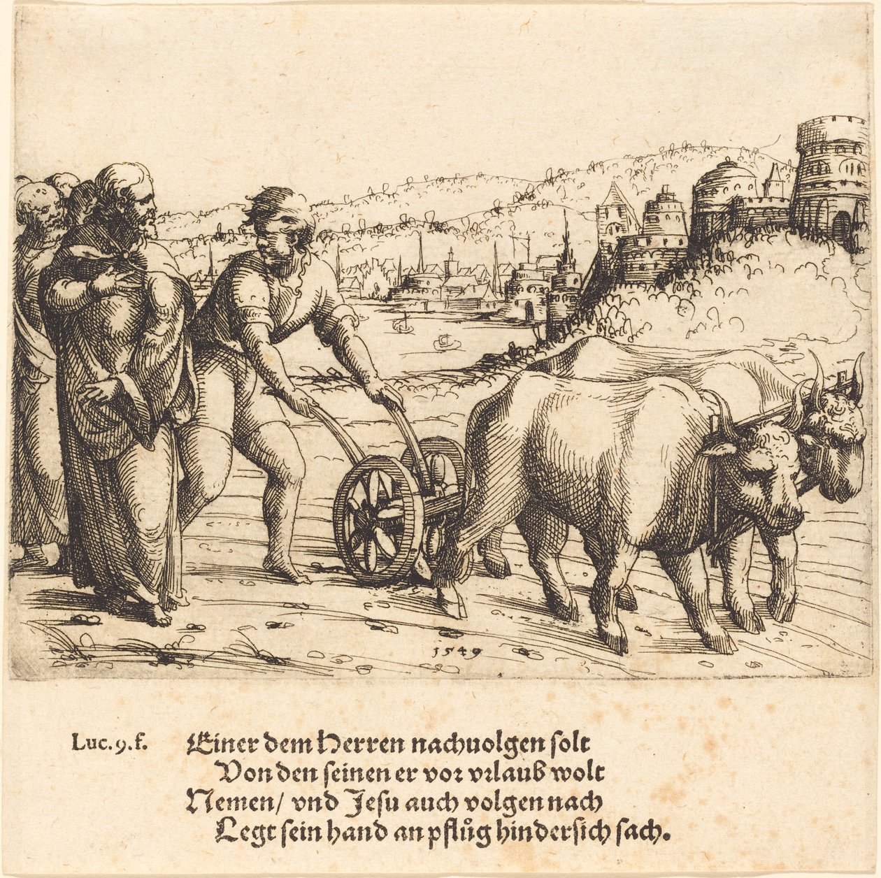 Ingen som legger sin hånd på plogen og ser tilbake, blant annet en etterfølger av Kristus, 1549. av Augustin Hirschvogel